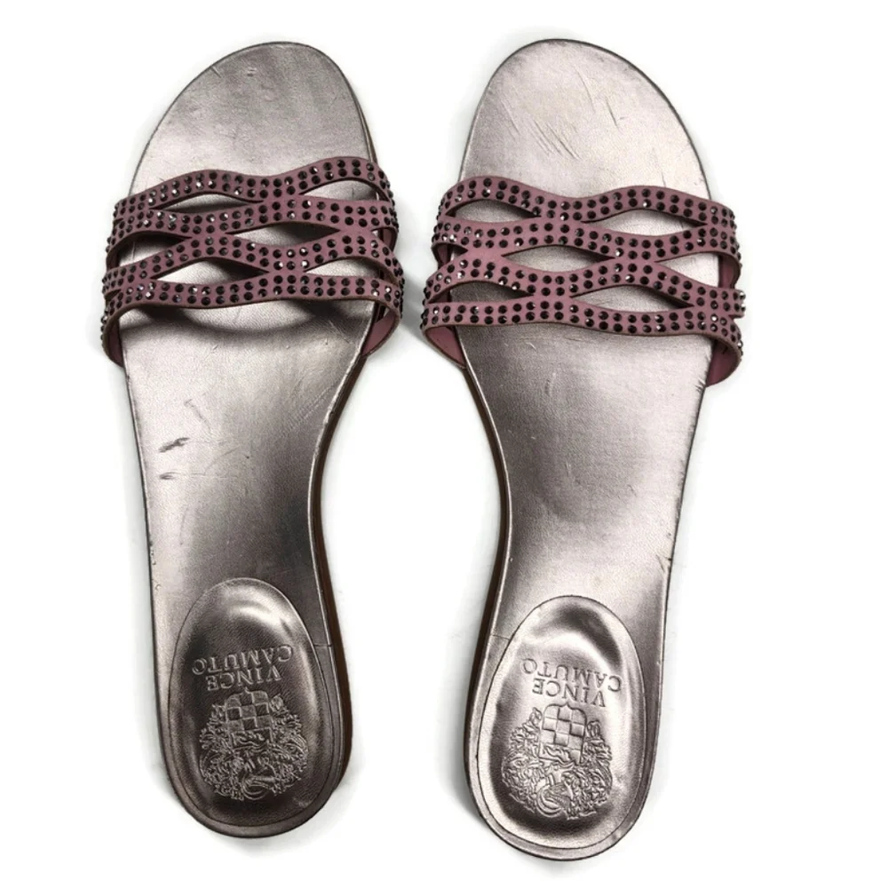 Vince Camuto Empiana Light Pink Woven Strap Black Crystals Flat Slide-On Sandals